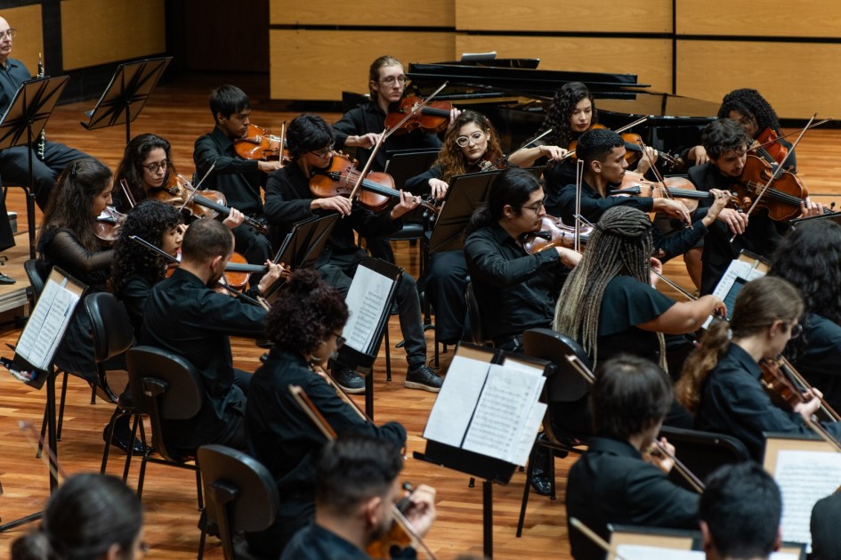A foto mostra uma orquestra de jovens músicos, a Ospa Jovem, tocando seus instrumentos de cordas em um palco de madeira. A maioria dos músicos está vestida de preto, concentrada em suas partituras e instrumentos. Em primeiro plano, as costas de algumas cabeças da plateia são visíveis, sentadas em cadeiras de madeira escura. Ao fundo, um piano preto e alguns instrumentos de sopro são visíveis. A iluminação é suave, vinda de cima, e o palco tem um brilho natural.