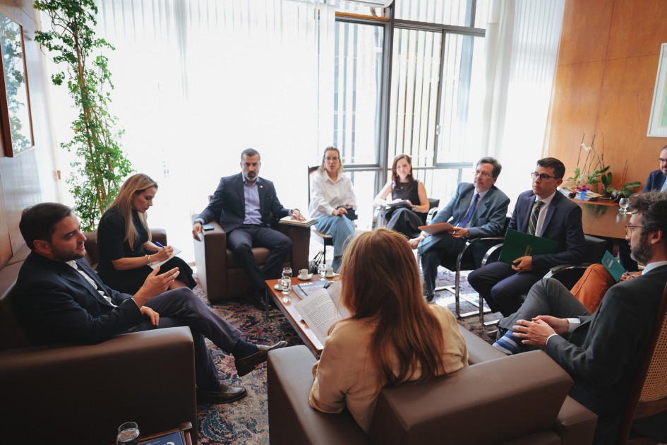 A foto mostra uma reunião de sete pessoas sentadas em poltronas de couro marrom, formando um círculo em um escritório bem iluminado. O vice-governador Gabriel Souza, de barba e pele clara, veste um terno escuro e está sentado à esquerda da imagem, de frente para a câmera, olhando para a pessoa à sua frente e gesticulando com as mãos. À sua frente, uma mulher de cabelo castanho claro, vista de costas, segura um documento. Os outros participantes, incluindo homens e mulheres, estão vestidos de forma formal ou casual-elegante, e estão engajados na conversa, olhando uns para os outros. O ambiente é decorado com um tapete estampado, uma mesa de centro com livros e uma planta. Ao fundo, uma janela grande com persianas verticais e paredes de madeira contribuem para a atmosfera profissional. A luz natural entra pelas janelas, iluminando a cena.