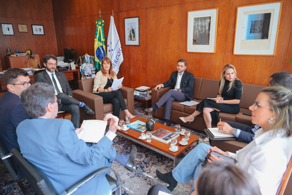 A foto mostra o Vice-governador Gabriel Souza e a embaixadora Gisela Padovan participando de uma reunião em um escritório formal. O vice-governador, à direita, está sentado em um sofá marrom, de frente para a câmera, com as pernas cruzadas e uma postura relaxada. Ele veste um terno escuro, camisa branca e calças cinzas. A embaixadora, à esquerda, está sentada em uma poltrona de couro marrom, usando uma jaqueta bege e calça preta. Ela segura papéis e conversa com o vice-governador. A sala possui paredes de madeira escura e no fundo há bandeiras do Brasil e do Mercosul, além de quadros pendurados. No centro, uma mesa de centro com livros, xícaras de café e uma planta pequena compõem a cena, que é iluminada por uma luz clara vinda do teto.