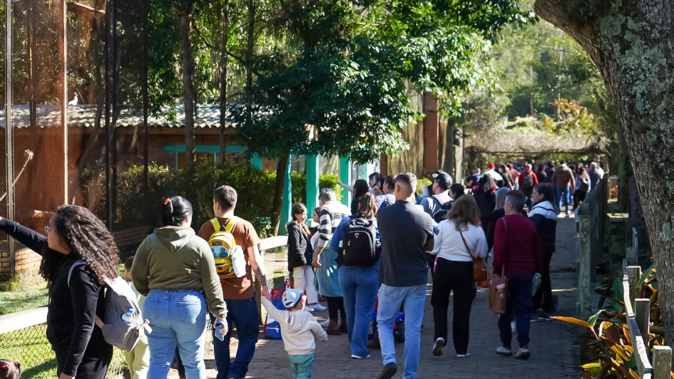 A imagem mostra um grupo grande de pessoas caminhando por um caminho pavimentado dentro de um zoológico ou parque natural. À esquerda, há uma cerca de tela com um recinto de animais, onde algumas pessoas — incluindo uma mulher com cabelo cacheado e blusa preta — estão apontando, possivelmente mostrando um animal para as crianças.
O local é arborizado, com sombra de árvores projetada no chão. Entre os visitantes, há adultos e crianças, muitas com mochilas e roupas casuais. Um menino pequeno, de boné colorido, segura a mão de um adulto enquanto caminha. Ao fundo, o caminho continua e está bastante movimentado, indicando grande fluxo de visitantes no local. O clima parece agradável e ensolarado.