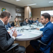 Reunião em uma sala do Ministério da Fazenda. Várias pessoas estão sentadas ao redor de uma mesa redonda, com computadores, documentos e copos de água à frente. Em destaque, dois homens em primeiro plano, ambos de terno, um deles segurando papéis e caneta, enquanto o outro observa atentamente. Ao fundo, outras pessoas acompanham a discussão, e um telão exibe informações projetadas. Na parede, aparece parcialmente o brasão da República e a inscrição “Ministério da Fazenda”.