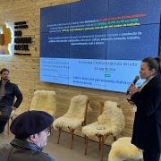 Descrição para fins de acessibilidade: Em uma sala com paredes de madeira clara, uma mulher fala ao microfone diante de um telão que exibe dados sobre economia criativa no Rio Grande do Sul. Ao fundo, há três cadeiras com mantas de lã branca. Um homem sentado observa a apresentação, enquanto outra pessoa aparece parcialmente em primeiro plano, usando boina e óculos. Na parede, à esquerda, está o logotipo colorido do Governo do Estado do Rio Grande do Sul.