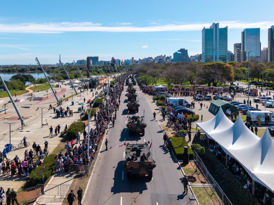 Esta foto aérea oferece uma vista panorâmica do Desfile de 7 de Setembro em Porto Alegre, com destaque para a longa extensão da avenida ladeada por espectadores e veículos militares. Tanques e outros equipamentos do exército desfilam em meio a uma multidão vibrante. Ao fundo, o skyline da cidade, com seus prédios modernos e a orla, contextualiza o evento na capital gaúcha.