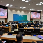 A imagem mostra uma sessão em andamento nas Nações Unidas (ONU), possivelmente durante uma cúpula climática, como indicado pelo painel azul ao fundo com o texto "Climate Ambition Summit 2023". A sala está cheia de delegados e participantes sentados em mesas organizadas em formato semicircular, típicas de sessões da ONU.

Em destaque, dois telões mostram uma mulher discursando com o microfone ligado e um cronômetro marcando o tempo da fala (0:56). A plaquinha à sua frente indica "ICLEI", uma organização global voltada para sustentabilidade local. A plateia acompanha atentamente, com notebooks e documentos abertos, evidenciando o caráter técnico e diplomático do evento. A atmosfera é formal e voltada à discussão de políticas internacionais relacionadas ao clima.