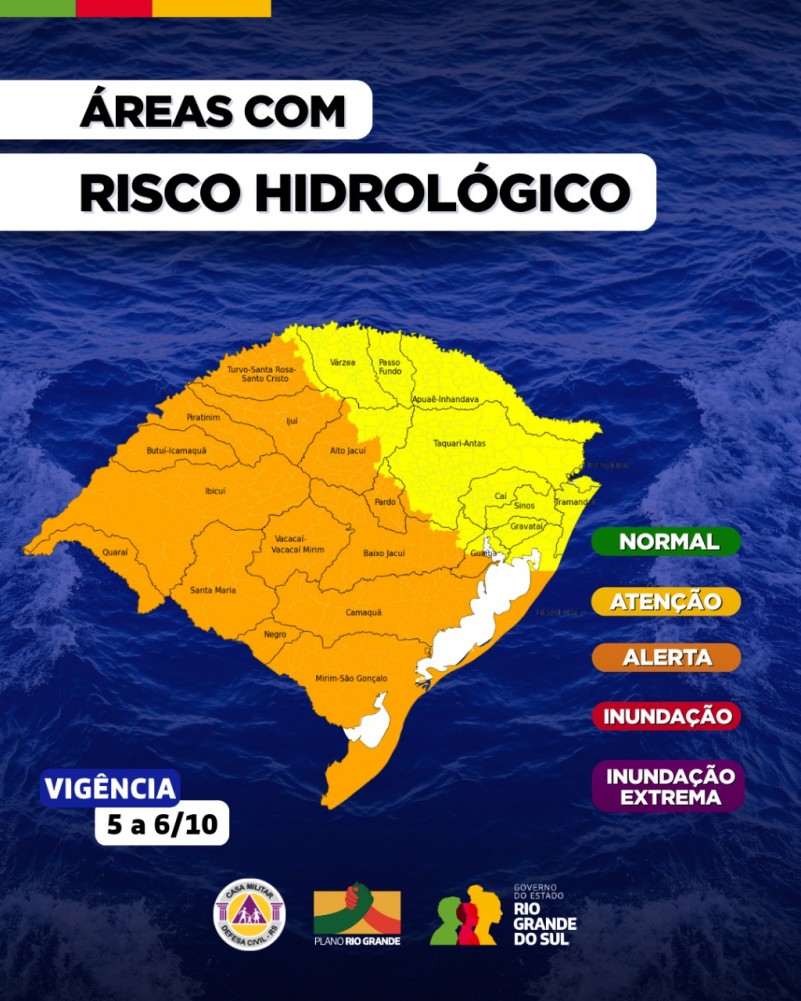A imagem apresenta um mapa do estado do Rio Grande do Sul, no Brasil, com destaque para as áreas sob risco hidrológico. O mapa utiliza uma escala de cores para indicar os diferentes níveis de risco:
Verde: Normal
Amarelo: Atenção
Laranja: Alerta
Vermelho: Inundação
Roxo: Inundação Extrema
Essas categorias estão explicadas em uma legenda localizada à direita do mapa. A vigência da informação é de 5 a 6 de outubro. Na parte inferior da imagem, aparecem os logotipos da Defesa Civil RS, do Plano Rio Grande e do Governo do Estado do Rio Grande do Sul.