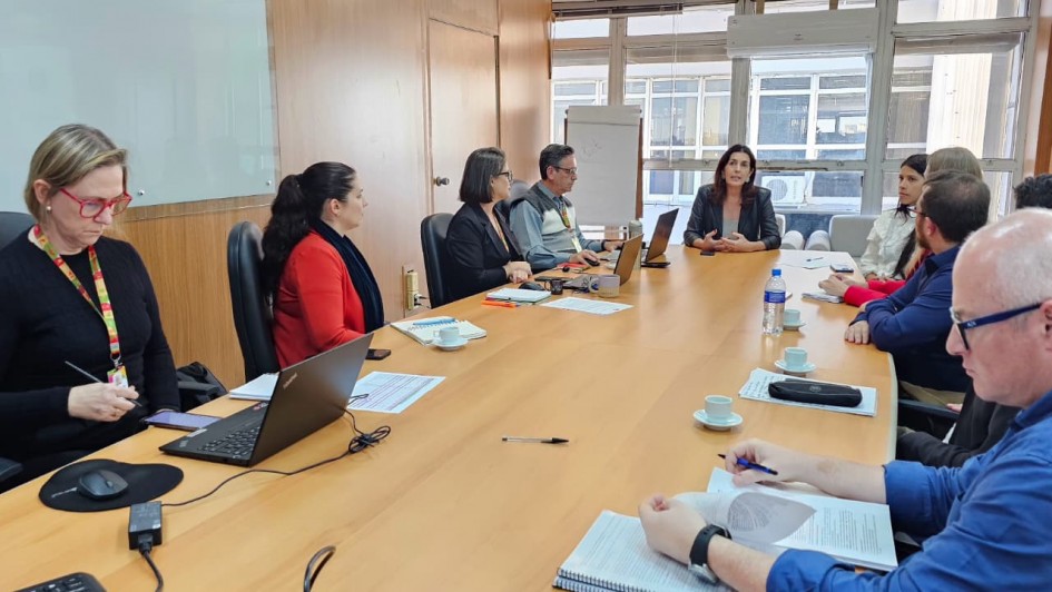 A imagem mostra uma reunião em uma sala de conferências. Nove pessoas estão sentadas ao redor de uma mesa retangular de madeira clara. Sobre a mesa há laptops, papéis, canetas e xícaras de café. A sala possui paredes revestidas de madeira e grandes janelas ao fundo, que permitem a entrada de luz natural. Uma pessoa está falando enquanto as demais escutam. À esquerda, há um quadro branco na parede, e próximo às janelas, um flip chart.