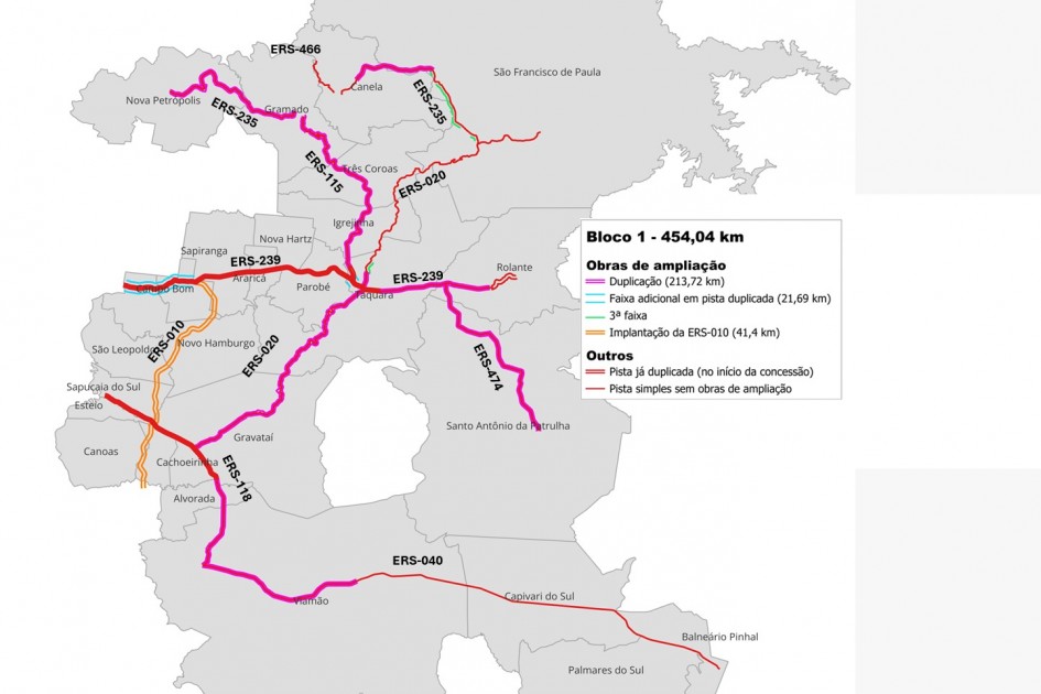 Mapa mostra o traçado de várias rodovias estaduais envolvendo cidades da Região Metropolitana de Porto Alegre