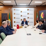 O secretário de Desenvolvimento Econômico, Ernani Polo, está reunido com um grupo de pessoas em torno de uma mesa retangular em sala de reuniões do governo estadual. O ambiente tem painéis de madeira, bandeiras do Brasil e do Rio Grande do Sul e o logotipo “invest.RS” ao fundo.