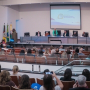 Secretária Arita Bergman fala no auditório durante seminário sobre auditoria no SUS.