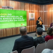 Foto mostra apresentação da secretária do Meio Ambiente do Rio Grande do Sul, Marjorie Kauffmann, para público em evento
