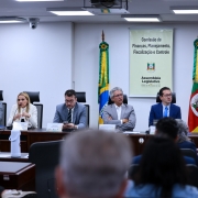 A imagem mostra uma reunião de comissão em um ambiente interno.

Pano de Fundo: No centro, há um banner vertical pendurado com o título "Comissão de Finanças, Planejamento, Fiscalização e Controle" seguido pelo brasão do estado e o texto "Assembleia Legislativa - Estado do Rio Grande do Sul". O banner está ladeado por duas bandeiras, possivelmente do Brasil e do Rio Grande do Sul.

Mesa Principal: Seis pessoas estão sentadas lado a lado em uma mesa, voltadas para o público (que está desfocado em primeiro plano).

Três homens à esquerda: O primeiro (esquerda) veste um terno cinza-claro. O segundo (centro) veste um blazer cinza-escuro e gravata. O terceiro (direita) veste um terno cinza-claro e está ligeiramente de lado.

Três pessoas à direita: O quarto (centro-direita) veste um terno azul-marinho. A quinta (direita) é uma mulher vestindo blazer branco, e a última pessoa visível na mesa (extrema direita) é uma mulher de blazer cinza.

Primeiro Plano: A visão da câmera está atrás de alguns membros da audiência (cabeças e costas desfocadas) que estão sentados em mesas, voltados para a mesa principal.

Lateral Esquerda: Um cinegrafista (homem de camiseta preta) está em pé à esquerda, operando uma câmera de vídeo profissional em um tripé.

A foto parece registrar uma sessão da Comissão de Finanças, Planejamento, Fiscalização e Controle da Assembleia Legislativa do Rio Grande do Sul, com membros da comissão sentados à mesa principal e participantes na audiência.