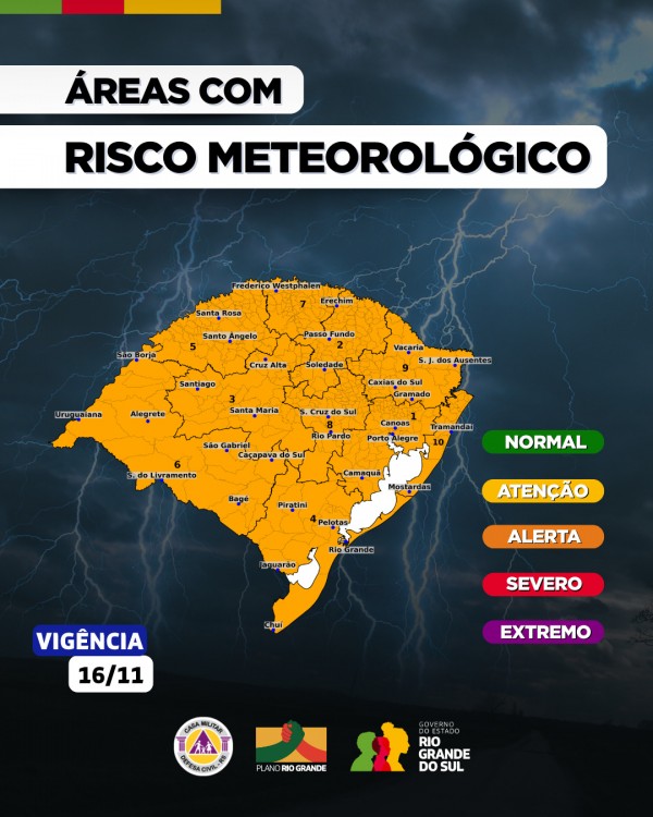 Mapa do Estado com indicação da cor laranja para alerta de chuva e vento
