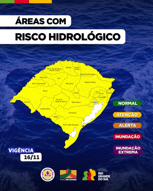 Mapa do Estado com indicação da cor amarela para atenção aos níveis dos rios e arroios
