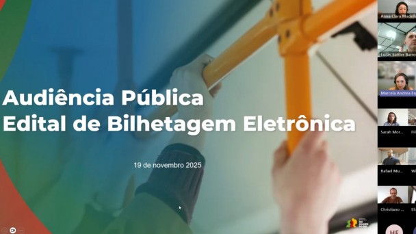 Tela mostra uma apresentação durante videoconferência sobre a bilhetagem eletrônica.