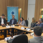 Foto mostra equipe reunida ao redor de uma mesa em sala com fundo de madeira.