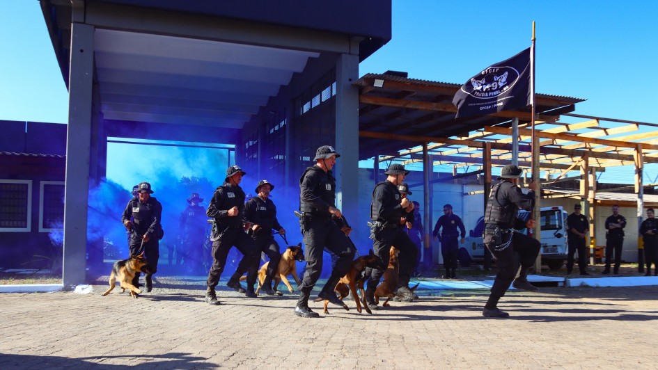 A imagem mostra policiais penais fardados em movimento com cães de serviço. Eles estão ao ar livre embaixo de uma estrutura vazada. 