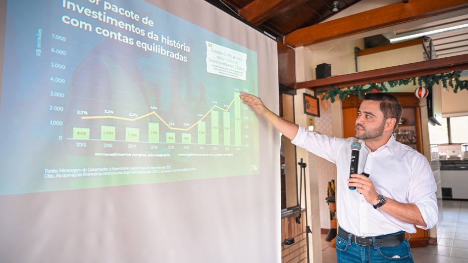 Foto mostra o vice-governador Gabriel Souza falando a convidados em palestra-almoço em Santo Antônio da Patrulha