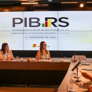 A imagem mostra uma mesa retangular com diversas pessoas sentadas ao redor. No canto direito, h&aacute; um homem em p&eacute; falando ao microfone. No painel ao fundo, l&ecirc;-se "PIB RS" em destaque. 