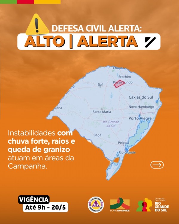 Imagem mostra cartaz da defesa civil com um alerta laranja como exemplo, e o símbolo correspondente. 