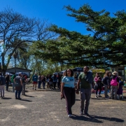 Foto mostra um espa&ccedil;o aberto com cal&ccedil;amento e cercado de &aacute;rvores. H&aacute; uma feira com barracas e p&uacute;blico circulando. O c&eacute;u ao fundo &eacute; azul, sem nuvens. 
