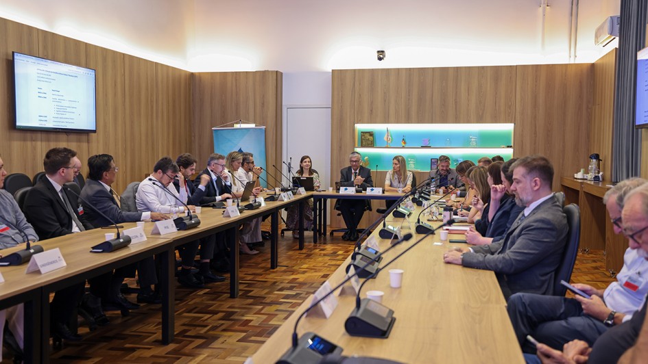 Esta &eacute; uma descri&ccedil;&atilde;o detalhada da imagem para fins de acessibilidade:

A imagem registra uma reuni&atilde;o formal ocorrida em uma sala ampla e bem iluminada. Cerca de vinte pessoas, entre homens e mulheres com trajes executivos (ternos, camisas e blusas sociais), est&atilde;o sentadas ao redor de uma grande mesa de madeira clara em formato de "U".

Detalhes do Ambiente
Mobili&aacute;rio: A mesa principal ocupa grande parte do espa&ccedil;o. &Agrave; frente de cada participante, h&aacute; microfones pretos individuais de mesa, copos de papel brancos e, em alguns pontos, notebooks e documentos. As cadeiras s&atilde;o de escrit&oacute;rio, na cor preta.

Estrutura da Sala: As paredes possuem pain&eacute;is de madeira clara que v&atilde;o at&eacute; meia altura, com a parte superior em branco. O piso &eacute; de madeira em estilo parquet (tacos). No fundo da sala, h&aacute; uma estante embutida com ilumina&ccedil;&atilde;o suave, exibindo pequenas bandeiras e objetos decorativos.

Tecnologia: Na parede &agrave; esquerda, um monitor de TV exibe um documento com o cronograma ou pauta da reuni&atilde;o.

Composi&ccedil;&atilde;o da Cena
Os participantes est&atilde;o distribu&iacute;dos pelas laterais e pela cabeceira da mesa (ao fundo da imagem). Alguns est&atilde;o focados em quem fala, outros consultam celulares ou fazem anota&ccedil;&otilde;es. O clima &eacute; de uma reuni&atilde;o de trabalho institucional e s&eacute;ria. &Agrave; esquerda, em destaque, v&ecirc;-se um banner vertical azul e branco.