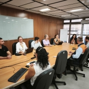 Esta &eacute; uma descri&ccedil;&atilde;o detalhada da &uacute;ltima imagem para fins de acessibilidade:

Descri&ccedil;&atilde;o da Imagem
A fotografia registra uma reuni&atilde;o de trabalho t&eacute;cnica realizada em uma sala de reuni&otilde;es de estilo contempor&acirc;neo e funcional.

A&ccedil;&atilde;o Central: Um grupo de nove pessoas (cinco mulheres e quatro homens) est&aacute; reunido em torno de uma grande mesa de madeira clara em formato oval.

Os Participantes:

&Agrave; esquerda, tr&ecirc;s participantes est&atilde;o sentados, incluindo uma mulher de camisa branca e &oacute;culos vermelhos que utiliza um notebook.

Ao fundo, na cabeceira oposta, uma mulher gesticula com as m&atilde;os enquanto fala para o grupo.

&Agrave; direita, em destaque, um homem veste um colete da Defesa Civil (azul marinho com a parte superior em laranja e o tri&acirc;ngulo s&iacute;mbolo da institui&ccedil;&atilde;o nas costas), indicando o car&aacute;ter operacional e de gest&atilde;o de riscos da reuni&atilde;o.

O Ambiente:

A sala possui paredes revestidas com pain&eacute;is de madeira.

H&aacute; um grande quadro branco (ou tela de vidro) na parede lateral esquerda, que exibe o logotipo da Secretaria de Inova&ccedil;&atilde;o, Ci&ecirc;ncia e Tecnologia do Rio Grande do Sul.

Ao fundo, grandes janelas de vidro mostram uma vista urbana, e um quadro branco tipo flip chart est&aacute; posicionado no canto.

O teto &eacute; composto por placas modulares com lumin&aacute;rias embutidas que garantem uma ilumina&ccedil;&atilde;o clara e uniforme.

Contexto: Segundo o t&iacute;tulo do arquivo, trata-se de uma reuni&atilde;o do Conselho Consultivo do Criec (Centro de Resili&ecirc;ncia e Intelig&ecirc;ncia Estrat&eacute;gica para o Cuidado), focada em consolidar a governan&ccedil;a para o enfrentamento de desafios clim&aacute;ticos no estado.