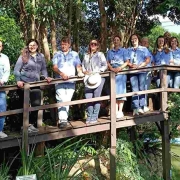 A imagem mostra um grupo de pessoas alinhadas para a foto, em p&eacute; em cima de uma ponte em meio a &aacute;rvores e plantas. 