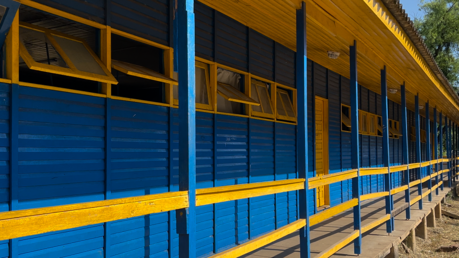 A fotografia mostra uma perspectiva lateral de uma "brizoleta" (escola modular de madeira), localizada no Instituto Professora Gema Angelina Belia, em Porto Alegre.

Elementos Principais
A Estrutura: Trata-se de uma constru&ccedil;&atilde;o alongada feita inteiramente de madeira, com t&aacute;buas horizontais sobrepostas. A arquitetura &eacute; simples e funcional, t&iacute;pica desse modelo educacional hist&oacute;rico.

Cores: A fachada &eacute; pintada em um contraste vibrante de azul e amarelo. As paredes e os pilares de sustenta&ccedil;&atilde;o s&atilde;o azuis, enquanto as molduras das janelas, os corrim&atilde;os da varanda e a parte inferior do telhado s&atilde;o amarelos.

Janelas e Varanda: H&aacute; uma fileira cont&iacute;nua de janelas basculantes de madeira, v&aacute;rias delas abertas para fora. Uma varanda estreita percorre toda a extens&atilde;o da lateral do pr&eacute;dio, protegida por um corrim&atilde;o de madeira amarelo de duas ripas.

Base: A estrutura est&aacute; ligeiramente elevada do ch&atilde;o, apoiada sobre pequenos pilares ou bases de concreto, deixando um v&atilde;o livre entre o piso da escola e o terreno.

Detalhes e Ambiente
Composi&ccedil;&atilde;o: A foto foi tirada em &acirc;ngulo, criando uma linha de fuga que vai da esquerda para a direita, dando profundidade ao corredor da escola.

Entorno: &Agrave; direita, ao fundo, v&ecirc;-se a copa de &aacute;rvores verdes e o c&eacute;u claro, sugerindo um ambiente escolar arborizado. O solo sob a estrutura &eacute; composto por terra e grama rala.

Ilumina&ccedil;&atilde;o: A luz solar incide diretamente sobre a constru&ccedil;&atilde;o, real&ccedil;ando a textura da madeira e as cores vivas da pintura.