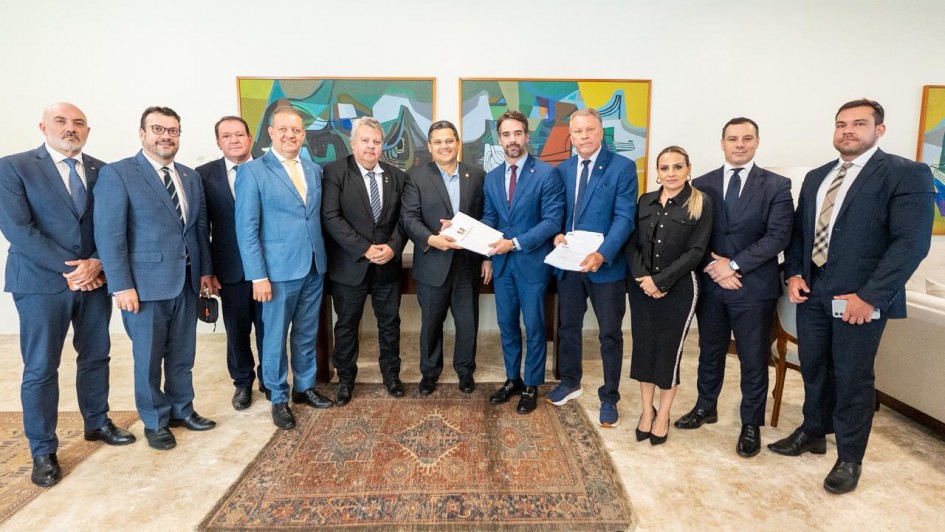 Esta &eacute; uma descri&ccedil;&atilde;o da imagem para fins de acessibilidade:

A fotografia registra um encontro institucional em um gabinete formal, reunindo uma comitiva de lideran&ccedil;as pol&iacute;ticas e representantes setoriais em Bras&iacute;lia.

Elementos Principais
O Centro da A&ccedil;&atilde;o: Ao centro do grupo, o governador Eduardo Leite (vestindo terno azul m&eacute;dio e gravata bord&ocirc;) e o presidente do Senado, Rodrigo Pacheco (vestindo terno cinza escuro), seguram juntos um documento oficial branco. Eles est&atilde;o posicionados no centro da foto, simbolizando a entrega da pauta de reivindica&ccedil;&otilde;es.

A Comitiva: O grupo &eacute; composto por onze pessoas (dez homens e uma mulher), todos vestindo trajes formais (ternos e roupas sociais escuras). Eles est&atilde;o alinhados lado a lado, voltados para a c&acirc;mera com express&otilde;es profissionais e solenes.

Participantes Not&aacute;veis: Al&eacute;m das figuras centrais, &agrave; direita de Leite, um homem segura outro conjunto de documentos. Na extremidade direita, destaca-se uma mulher vestindo um conjunto preto de saia e jaqueta.

Cen&aacute;rio e Ambiente
Decora&ccedil;&atilde;o: O ambiente &eacute; elegante e s&oacute;brio. Atr&aacute;s do grupo, h&aacute; dois quadros grandes de arte abstrata com tons de verde, azul e terra, emoldurados em madeira. O piso &eacute; de pedra clara, com um tapete persa retangular de cores quentes (vermelho e azul) posicionado sob os p&eacute;s das autoridades centrais.

Ilumina&ccedil;&atilde;o: A luz &eacute; uniforme e clara, vinda de fontes embutidas no teto, sem sombras marcadas, caracter&iacute;stica de gabinetes oficiais.

Contexto
A imagem ilustra a articula&ccedil;&atilde;o pol&iacute;tica do governo ga&uacute;cho junto ao Legislativo Federal, buscando o avan&ccedil;o de projetos de lei para a renegocia&ccedil;&atilde;o de d&iacute;vidas do setor agropecu&aacute;rio do Rio Grande do Sul.
