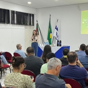 Foto mostra assembleia da Consulta Popular com uma mulher falando em p&eacute; diante da plateia.