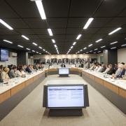 Foto mostra a sala de reuni&otilde;es do governador com o secretariado.
