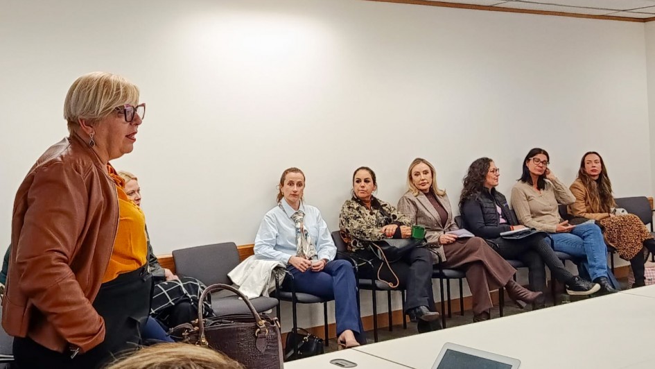 Aqui est&aacute; uma descri&ccedil;&atilde;o detalhada da imagem para fins de acessibilidade:

Descri&ccedil;&atilde;o da Imagem
A fotografia registra uma reuni&atilde;o institucional em um ambiente de escrit&oacute;rio formal. O enquadramento &eacute; em plano m&eacute;dio, capturando as participantes da esquerda para a direita.

Elementos Principais
Em primeiro plano (&agrave; esquerda): Uma mulher loira, de perfil, fala para o grupo. Ela usa &oacute;culos de arma&ccedil;&atilde;o escura, uma blusa mostarda e uma jaqueta de couro marrom. Ela parece liderar a conversa.

Ao fundo (centro e direita): Uma fileira de sete mulheres est&aacute; sentada em cadeiras pretas individuais, dispostas ao longo de uma parede branca. Elas ouvem atentamente a palestrante.

As vestimentas sugerem um clima frio e um tom profissional, incluindo blazers, cachec&oacute;is, su&eacute;teres e cal&ccedil;as sociais em tons de azul, marrom, cinza e preto.

Algumas seguram pastas ou cadernos no colo, indicando uma sess&atilde;o de trabalho ou planejamento.

O ambiente: A sala &eacute; iluminada por luzes fluorescentes embutidas em um forro de placas brancas. H&aacute; uma mesa branca longa que corta a parte inferior direita da imagem, onde se v&ecirc; parcialmente um tablet. No ch&atilde;o, bolsas e pastas das participantes est&atilde;o apoiadas perto das cadeiras.