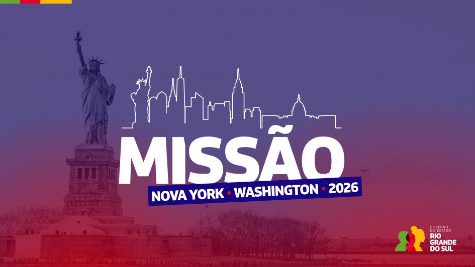 A imagem apresenta um card institucional com fundo em degrad&ecirc; de roxo para vermelho, tendo ao fundo a Est&aacute;tua da Liberdade &agrave; esquerda. Em destaque, o texto principal diz &ldquo;MISS&Atilde;O&rdquo;, acompanhado da linha &ldquo;NOVA YORK &bull; WASHINGTON &bull; 2026&rdquo; em faixa azul. No canto inferior direito, aparece a marca do Governo do Estado do Rio Grande do Sul, com figuras estilizadas em verde, amarelo e vermelho. 