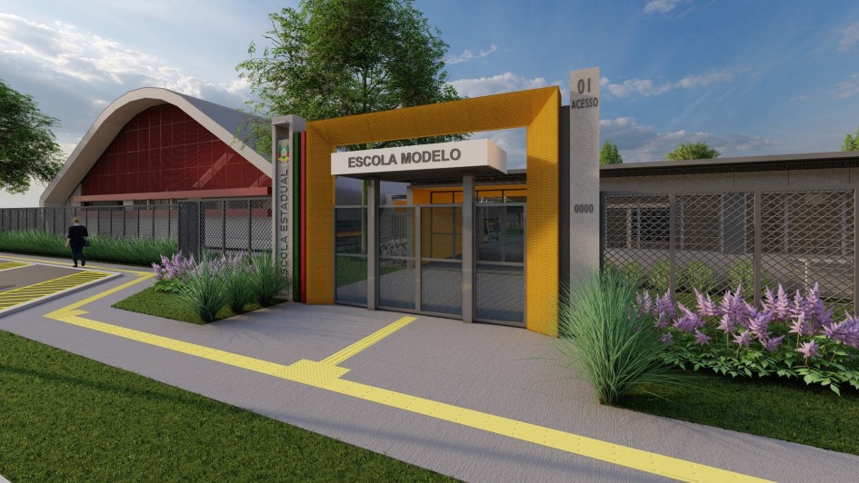 A imagem &eacute; uma renderiza&ccedil;&atilde;o digital (3D) que apresenta o projeto arquitet&ocirc;nico da fachada de uma escola p&uacute;blica moderna e acess&iacute;vel.

Entrada Principal: O destaque central &eacute; um grande p&oacute;rtico retangular na cor amarela vibrante que emoldura a entrada. Sobre o port&atilde;o de metal cinza, h&aacute; uma marquise branca com a inscri&ccedil;&atilde;o "ESCOLA MODELO" em letras pretas.

Elementos de Identifica&ccedil;&atilde;o: &Agrave; esquerda do p&oacute;rtico amarelo, um totem vertical de concreto exibe o bras&atilde;o do Rio Grande do Sul e o texto "ESCOLA ESTADUAL". &Agrave; direita, outro totem de concreto indica "01 ACESSO" e o n&uacute;mero "0000".

Acessibilidade: No primeiro plano, uma cal&ccedil;ada de concreto cinza possui uma trilha t&aacute;til amarela (piso podot&aacute;til) que guia o caminho at&eacute; a entrada. Uma rampa suave e sinalizada tamb&eacute;m &eacute; vis&iacute;vel &agrave; esquerda.

Arquitetura e Paisagismo:

&Agrave; esquerda, ao fundo, v&ecirc;-se um gin&aacute;sio ou pavilh&atilde;o com telhado curvo em arco e fechamento em tons de vermelho.

&Agrave; direita, estende-se um muro baixo com gradil met&aacute;lico cinza, permitindo a visibilidade do interior.

O projeto inclui &aacute;reas verdes com gramado aparado, &aacute;rvores e canteiros com flores roxas e folhagens baixas.

Ambiente: A cena &eacute; iluminada por uma luz solar suave de fim de tarde ou in&iacute;cio de manh&atilde;, com sombras projetadas no ch&atilde;o e um c&eacute;u azul com nuvens esparsas. Uma figura humana feminina &eacute; vista de costas &agrave; esquerda, caminhando em dire&ccedil;&atilde;o &agrave; escola, ajudando a dar escala ao projeto.

A imagem representa um conceito de arquitetura escolar contempor&acirc;nea, focada em identidade visual clara e inclus&atilde;o.