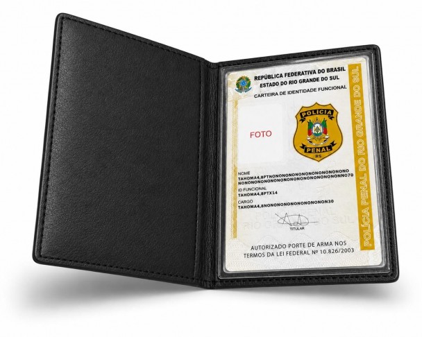 A imagem mostra uma carteira funcional aberta dentro de um porta-documentos preto. No lado direito, está o documento de identificação da Polícia Penal do Estado do Rio Grande do Sul, com o brasão da República Federativa do Brasil no topo e o distintivo da corporação em destaque em tons de dourado. 