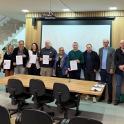 Esta &eacute; uma descri&ccedil;&atilde;o da imagem para fins de acessibilidade:

A fotografia em plano geral e &acirc;ngulo frontal registra um grupo de autoridades e gestores reunidos em uma sala de reuni&otilde;es, posando para uma foto institucional. O t&iacute;tulo do arquivo identifica o ato como a apresenta&ccedil;&atilde;o de a&ccedil;&otilde;es de prote&ccedil;&atilde;o &agrave;s mulheres pelo Governo do Estado.

O Grupo e a A&ccedil;&atilde;o
Participantes: Um grupo de 15 pessoas (10 homens e 5 mulheres) est&aacute; posicionado em p&eacute;, lado a lado, formando uma linha horizontal ao fundo da sala. Todos est&atilde;o voltados para a c&acirc;mera com express&otilde;es formais e sorridentes.

Exibi&ccedil;&atilde;o de Documentos: Sete pessoas localizadas na metade esquerda do grupo seguram folhas de papel branco com textos impressos (documentos oficiais ou termos de ades&atilde;o), exibindo-os de forma vis&iacute;vel para registrar a assinatura ou celebra&ccedil;&atilde;o de um ato.

O Ambiente e Mobili&aacute;rio
Mesa de Reuni&otilde;es: Em primeiro plano, h&aacute; uma longa mesa de reuni&otilde;es retangular de madeira clara. Ao redor dela, est&atilde;o dispostas cadeiras de escrit&oacute;rio pretas com rod&iacute;zios. Sobre a mesa, no canto direito, veem-se algumas pastas de vota&ccedil;&atilde;o ou pranchetas e uma caneta.

Parede de Fundo: Atr&aacute;s do grupo, a parede central possui uma grande tela de proje&ccedil;&atilde;o retr&aacute;til emoldurada em preto (atualmente recolhida ou em branco). As laterais da parede s&atilde;o revestidas com pain&eacute;is de madeira ripada vertical de tom claro. Um projetor multim&iacute;dia est&aacute; fixado no teto, direcionado para a tela.

Elementos Arquitet&ocirc;nicos: No lado esquerdo, ao fundo, &eacute; poss&iacute;vel ver uma escada de granito claro com corrim&atilde;o de metal escovado que d&aacute; acesso ao andar superior, indicando que a sala fica em um ambiente integrado ou de dois pavimentos. O ch&atilde;o &eacute; revestido com piso cer&acirc;mico claro e fosco.