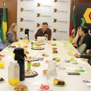 Aqui est&aacute; a descri&ccedil;&atilde;o da imagem para fins de acessibilidade 
---

**Descri&ccedil;&atilde;o da imagem "Governo do Estado se re&uacute;ne com entidades do varejo para preparar Ganha-Ganha Farroupilha 2026.jpg":**

Uma fotografia colorida em plano m&eacute;dio mostra uma reuni&atilde;o de trabalho em torno de uma grande mesa retangular branca em uma sala de confer&ecirc;ncias. Cerca de dez pessoas participam do encontro, distribu&iacute;das ao longo das laterais e na cabeceira da mesa ao fundo.

**Disposi&ccedil;&atilde;o dos participantes:**

* **Lado esquerdo da mesa:** H&aacute; quatro pessoas sentadas de perfil parcial. Em primeiro plano, v&ecirc;-se apenas a m&atilde;o e o bra&ccedil;o de um homem com casaco avermelhado. Ao lado dele, um homem de blusa cinza-escura e crach&aacute; institucional. Em seguida, um homem de &oacute;culos e barba vestindo uma camisa social azul-clara e, mais ao fundo, uma mulher de cabelos loiros longos vestindo um colete quadriculado cinza.
* **Cabeceira da mesa (ao fundo):** Um homem de cabelos escuros curtos est&aacute; sentado no centro, vestindo uma jaqueta de camur&ccedil;a ou veludo marrom sobre uma camisa azul-clara. Ele est&aacute; levemente inclinado para a frente, olhando para um notebook aberto &agrave; sua frente.
* **Lado direito da mesa:** H&aacute; cinco pessoas sentadas. Mais ao fundo, uma mulher de casaco bege, seguida por um homem com cachecol verde-oliva. Ao centro, uma mulher loira de &oacute;culos e, em primeiro plano, dois homens com casacos escuros focados na reuni&atilde;o, estando um deles escrevendo em pap&eacute;is com uma caneta.

**Elementos sobre a mesa:**
A mesa est&aacute; farta com itens de caf&eacute; da manh&atilde; ou *coffee break*. H&aacute; jarras de vidro com suco de laranja, garrafas t&eacute;rmicas pretas para caf&eacute; ou &aacute;gua, copos de vidro e x&iacute;caras de caf&eacute; sobre pires com detalhes verdes. Tamb&eacute;m est&atilde;o distribu&iacute;dos diversos pratinhos e bandejas com alimentos, incluindo peda&ccedil;os de bolo, frutas picadas (como melancia e uvas), sandu&iacute;ches em miniatura com palitos e salgados fritos.

**Ambiente e plano de fundo:**
As paredes laterais possuem revestimento de pain&eacute;is de madeira marrom-clara. Ao fundo da sala, atr&aacute;s do homem na cabeceira, destaca-se um grande painel vertical branco com repeti&ccedil;&otilde;es do logotipo oficial do **"GOVERNO DO ESTADO RIO GRANDE DO SUL - SECRETARIA DE DESENVOLVIMENTO ECON&Ocirc;MICO"**. Ladeando esse painel, h&aacute; duas bandeiras oficiais em pedestais (incluindo a do Brasil &agrave; esquerda e a do Rio Grande do Sul &agrave; direita) e um banner vertical preto no canto superior direito com a identidade visual da marca **"invest.RS"**, exibindo formas geom&eacute;tricas em amarelo, verde e rosa.