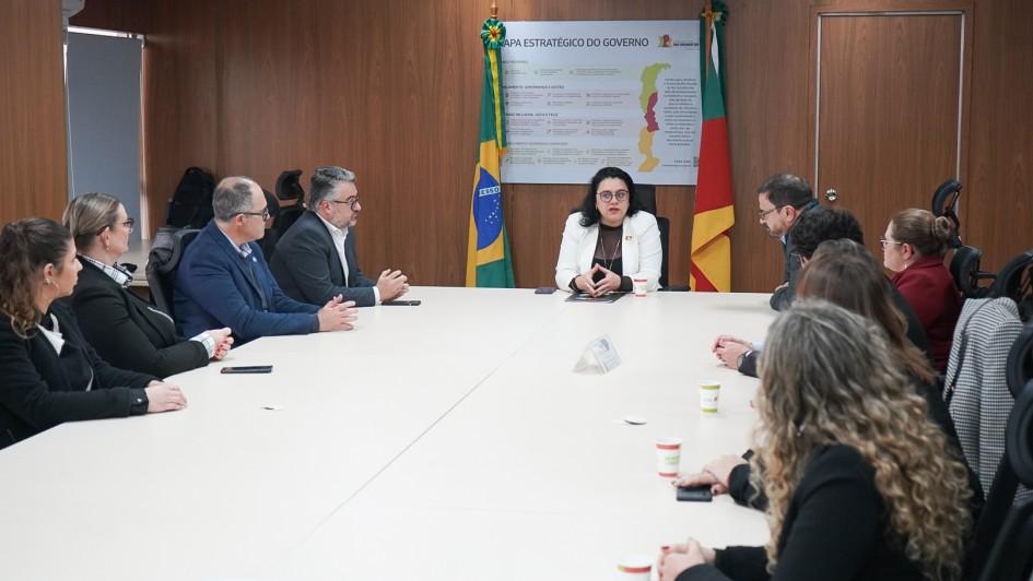 Sala de reuni&atilde;o com mesa longa e participantes sentados em ambos os lados, acompanhando a fala de uma pessoa posicionada na cabeceira; ao fundo, h&aacute; bandeiras do Brasil e do Rio Grande do Sul e um painel com o t&iacute;tulo &ldquo;Mapa Estrat&eacute;gico do Governo&rdquo;.