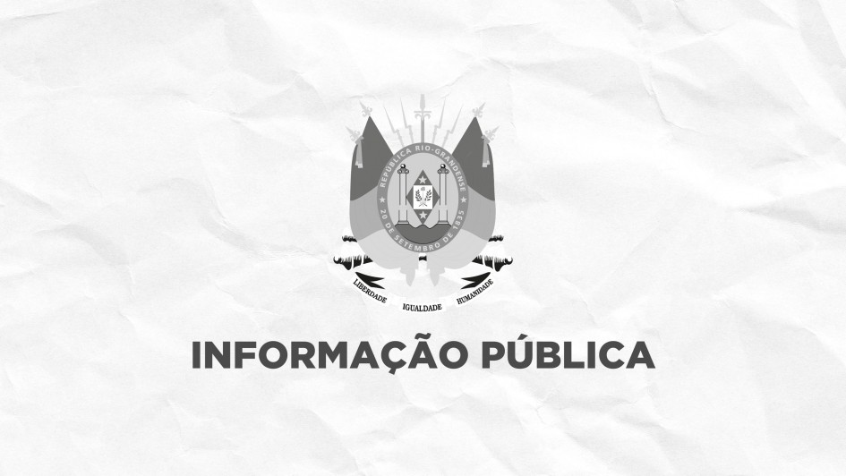 Card com fundo branco em textura de papel amassado. Ao centro, aparece o bras&atilde;o do Estado do Rio Grande do Sul em tons de cinza, com espadas e canh&otilde;es estilizados ao fundo. Abaixo do bras&atilde;o, em destaque, est&aacute; a frase "INFORMA&Ccedil;&Atilde;O P&Uacute;BLICA" em letras mai&uacute;sculas, pretas e em negrito. A composi&ccedil;&atilde;o &eacute; minimalista, com bastante espa&ccedil;o em branco ao redor dos elementos centrais.