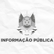 Card com fundo branco em textura de papel amassado. Ao centro, aparece o bras&atilde;o do Estado do Rio Grande do Sul em tons de cinza, com espadas e canh&otilde;es estilizados ao fundo. Abaixo do bras&atilde;o, em destaque, est&aacute; a frase "INFORMA&Ccedil;&Atilde;O P&Uacute;BLICA" em letras mai&uacute;sculas, pretas e em negrito. A composi&ccedil;&atilde;o &eacute; minimalista, com bastante espa&ccedil;o em branco ao redor dos elementos centrais.
