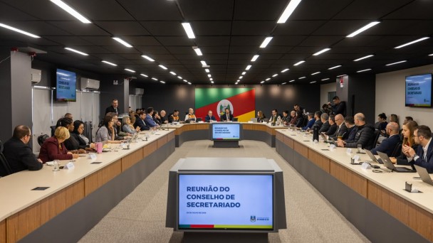Uma fotografia colorida em plano geral e perspectiva central sim&eacute;trica mostra uma sala de reuni&otilde;es ampla e moderna durante um encontro de trabalho presencial.

**A Sala e a Disposi&ccedil;&atilde;o das Mesas:**

* As mesas de tom madeira clara com acabamento cinza-escuro est&atilde;o dispostas em formato de ret&acirc;ngulo aberto (em U).
* Nas duas laterais compridas e ao fundo da mesa, dezenas de secret&aacute;rios e assessores est&atilde;o sentados em cadeiras escuras, acompanhando a reuni&atilde;o. Diversos participantes utilizam notebooks, blocos de notas ou copos/garrafas de &aacute;gua sobre a mesa.
* No centro da cabeceira (ao fundo), encontra-se a mesa de honra, encabe&ccedil;ada pelo governador Eduardo Leite e pelo vice-governador Gabriel Souza, acompanhados por outros secret&aacute;rios e autoridades em trajes formais e coletes operacionais.
* Ao fundo da sala, centralizada na parede cinza-escura, destaca-se uma grande imagem da bandeira do Estado do Rio Grande do Sul (nas cores verde, vermelha e amarela, com o bras&atilde;o estadual ao centro).

**Monitores e Elementos Visuais:**

* Em primeiro plano, no centro da imagem, h&aacute; um monitor retangular posicionado em um pedestal cinza voltado para a entrada da sala. A tela exibe o t&iacute;tulo em letras azuis mai&uacute;sculas: **"REUNI&Atilde;O DO CONSELHO DE SECRETARIADO"**, com a data e o logotipo do Governo do Estado do Rio Grande do Sul na parte inferior.
* Um segundo monitor com a mesma apresenta&ccedil;&atilde;o gr&aacute;fica est&aacute; centralizado no interior do formato em U das mesas.
* Nas paredes laterais da sala, telas adicionais fixadas na parede reproduzem o mesmo slide da apresenta&ccedil;&atilde;o.

**Infraestrutura e Ilumina&ccedil;&atilde;o:**

* O teto &eacute; preto e conta com diversas calhas de ilumina&ccedil;&atilde;o LED cont&iacute;nuas dispostas em linhas paralelas na vertical, conferindo alta luminosidade ao ambiente.
* O piso &eacute; coberto por um carpete cinza-claro com textura discreta. No canto direito da sala, ao fundo, observa-se um profissional de imprensa em p&eacute; com uma c&acirc;mera fotogr&aacute;fica apontada para a reuni&atilde;o.