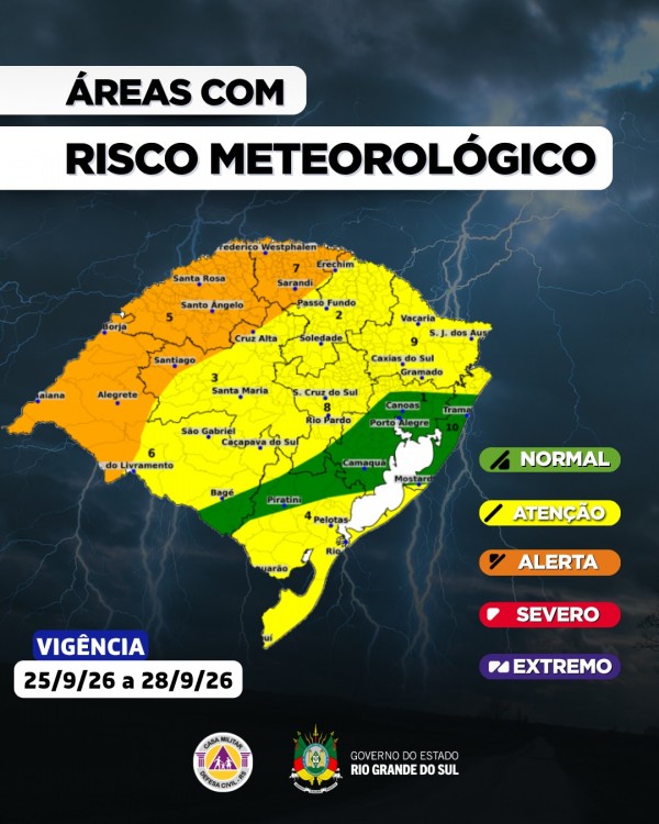 Arte mostra mapa do Rio Grande do Sul com risco meteorológico. 