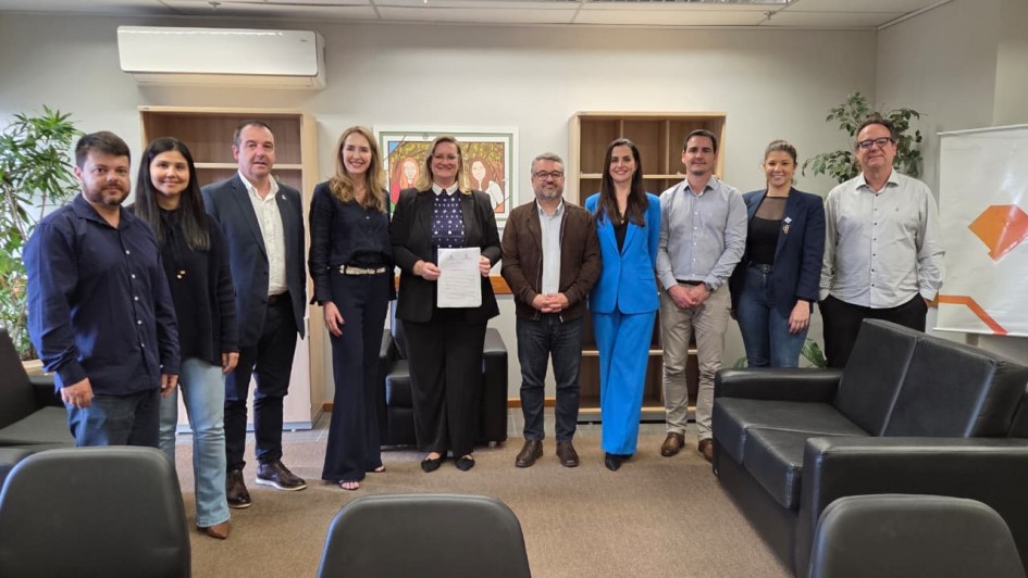 Uma fotografia colorida em plano geral e perspectiva ao n&iacute;vel dos olhos capta a comitiva de gestores, autoridades e representantes do setor oriz&iacute;cola reunidos num gabinete institucional para a assinatura de reconhecimento e pagamento por servi&ccedil;os ambientais a produtores de arroz sustent&aacute;vel.   As Autoridades e o Grupo (ao centro e em primeiro plano):No centro da composi&ccedil;&atilde;o, dez pessoas posam alinhadas lado a lado em p&eacute; sobre a alcatifa bege do gabinete. Ao centro, a secret&aacute;ria do Meio Ambiente e Infraestrutura, Marjorie Kauffmann, sorri de &oacute;culos, blazer preto sobre blusa escura com estampa &agrave;s bolinhas brancas, segurando com ambas as m&atilde;os o documento oficial assinado.   &Agrave; sua direita (&agrave; esquerda do observador), encontram-se quatro participantes: um homem de camisa casual azul-escuro nas mangas dobradas e jeans. Uma mulher de blusa preta de mangas compridas e cal&ccedil;as jeans claras. Um gestor de fato escuro e camisa social branca.Uma mulher de blusa azul-escura acetinada com cinto claro e cal&ccedil;as sociais escuras.&Agrave; sua esquerda (&agrave; direita do observador), alinham-se outros cinco integrantes:Um homem de casaco/blazer castanho sobre camisa clara e cal&ccedil;as jeans.Uma gestora em destaque com um terno/fato completo em tom azul-bic/azul-vibrante.Um representante de camisa social cinzento-clara e cal&ccedil;as claras.Uma mulher de blazer escuro sobre top preto e cal&ccedil;as jeans.Um homem na extremidade direita vestindo camisa social branca e cal&ccedil;as pretas.O Gabinete e a Ilumina&ccedil;&atilde;o (ao fundo):Ao fundo, a sala apresenta paredes em tom cinzento-claro com dois arm&aacute;rios/estantes de madeira em tom claro dispostos nas laterais.   Entre as estantes, sobressai um quadro decorativo emoldurado com ilustra&ccedil;&otilde;es coloridas e, no canto superior esquerdo da parede, um aparelho de ar condicionado do tipo split branco.   Em primeiro plano e nas extremidades laterais do espa&ccedil;o, observam-se sof&aacute;s de couro/material sint&eacute;tico preto e encostos de cadeiras de escrit&oacute;rio pretas.   A ilumina&ccedil;&atilde;o no teto &eacute; dada por calhas de l&acirc;mpadas fluorescentes embutidas, proporcionando uma luz clara e uniforme sobre o grupo.   
